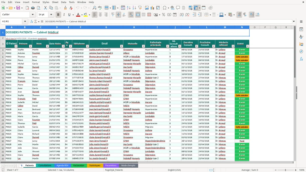 Capture d'écran 1 : Feuille Patients - Modèle Excel suivi patients cabinet excel