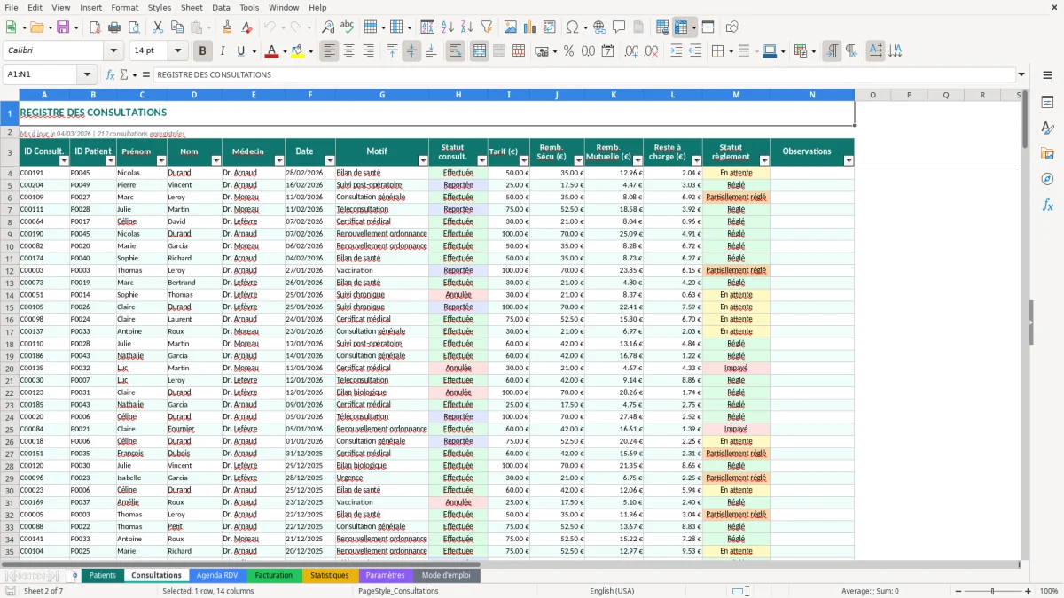 Capture d'écran 2 : Feuille Consultations - Modèle Excel suivi patients cabinet excel