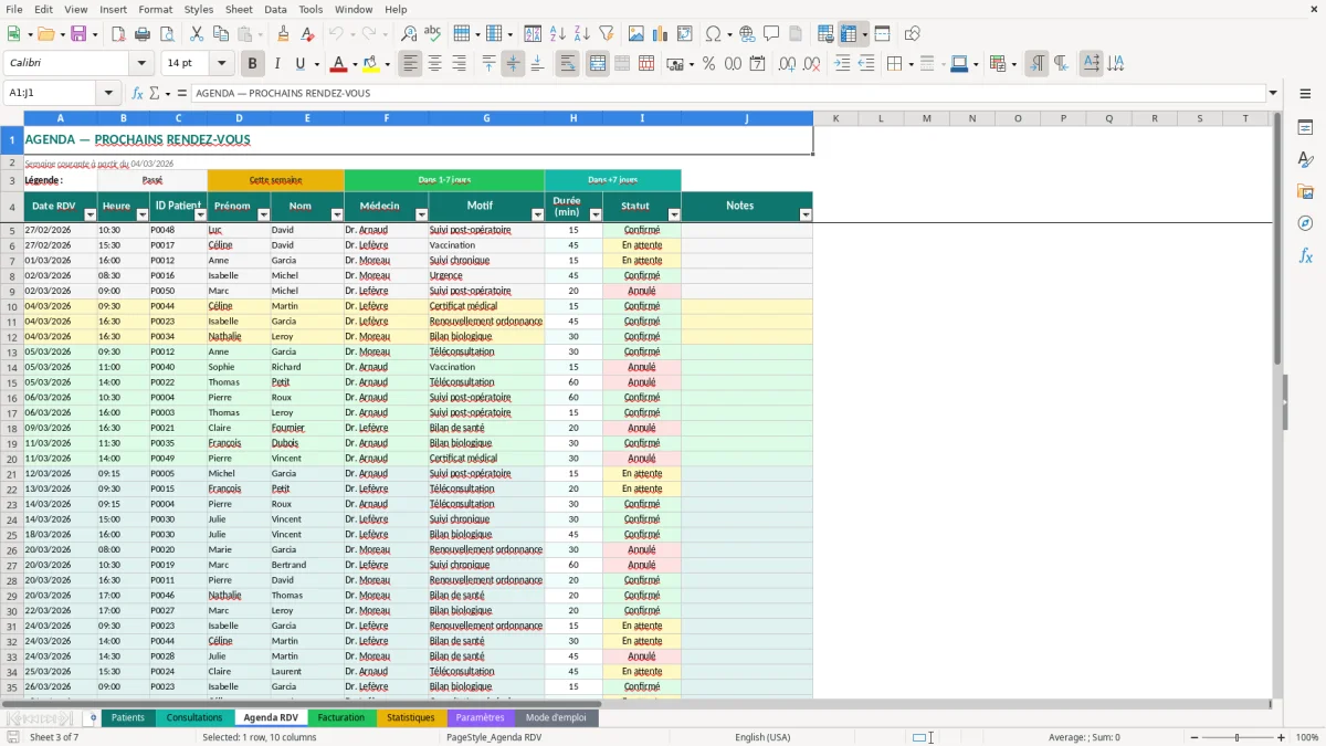 Capture d'écran 3 : Feuille Agenda RDV - Modèle Excel suivi patients cabinet excel
