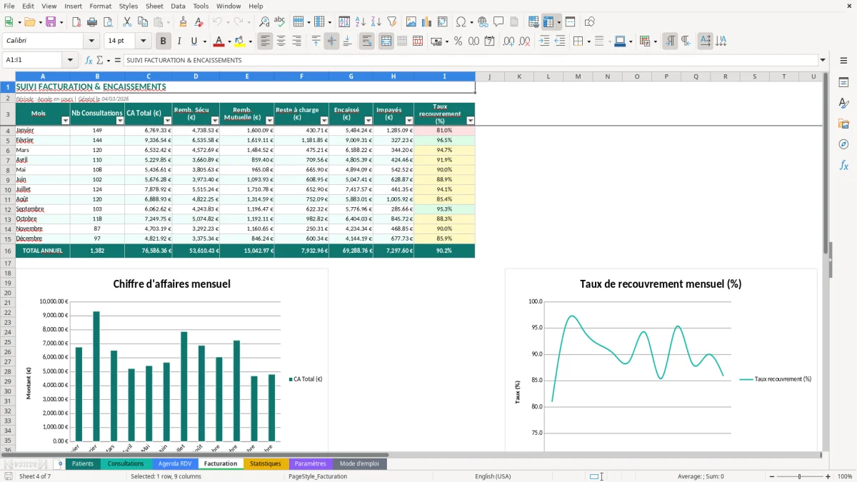 Capture d'écran 4 : Feuille Facturation - Modèle Excel suivi patients cabinet excel