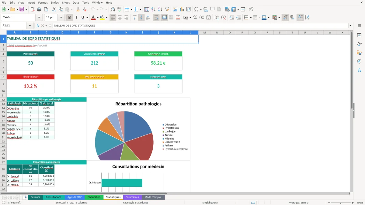 Capture d'écran 5 : Feuille Statistiques - Modèle Excel suivi patients cabinet excel