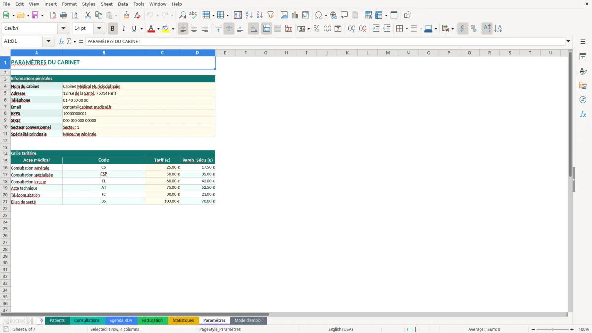Capture d'écran 6 : Feuille Paramètres - Modèle Excel suivi patients cabinet excel