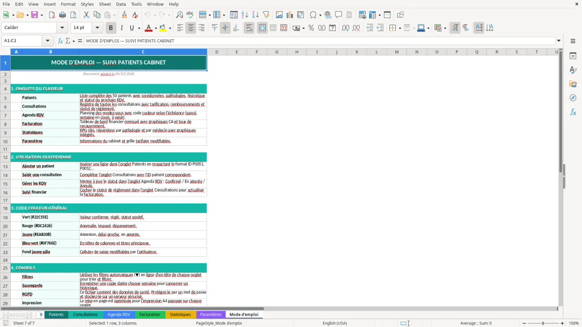 Capture d'écran 7 : Feuille Mode d'emploi - Modèle Excel suivi patients cabinet excel
