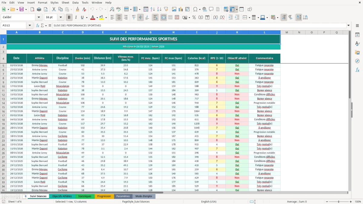 Capture d'écran 1 : Feuille Suivi Séances - Modèle Excel suivi performances sportives excel