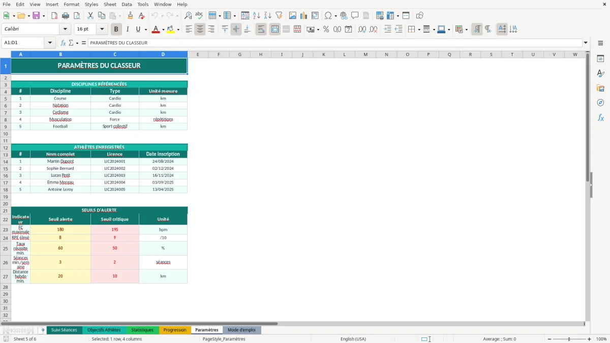 Capture d'écran 5 : Feuille Paramètres - Modèle Excel suivi performances sportives excel