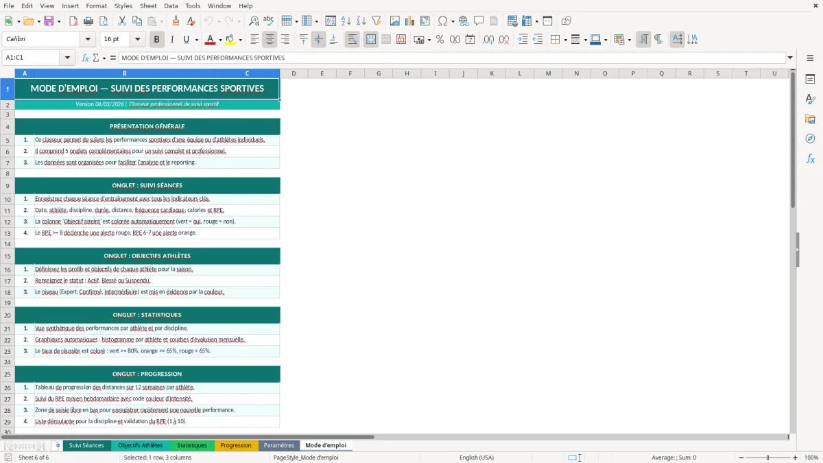 Capture d'écran 6 : Feuille Mode d'emploi - Modèle Excel suivi performances sportives excel