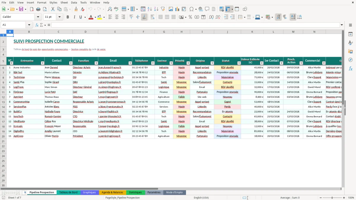 Capture d'écran 1 : Feuille Pipeline Prospection - Modèle Excel suivi prospection commerciale excel