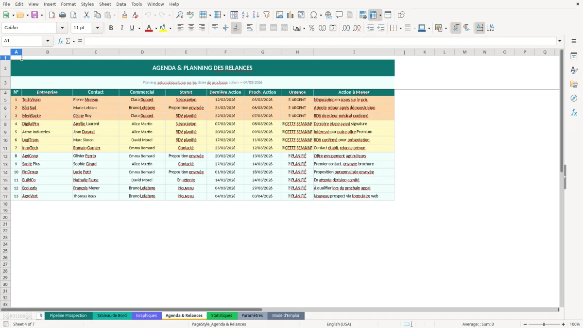 Capture d'écran 4 : Feuille Agenda & Relances - Modèle Excel suivi prospection commerciale excel