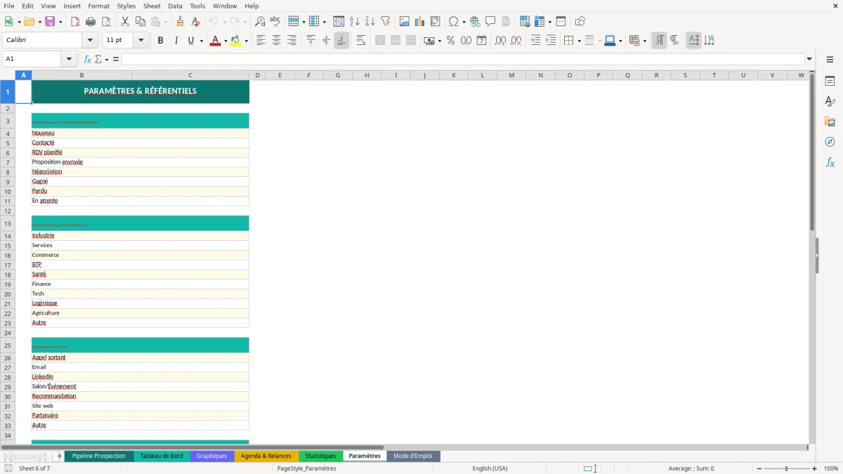 Capture d'écran 6 : Feuille Paramètres - Modèle Excel suivi prospection commerciale excel