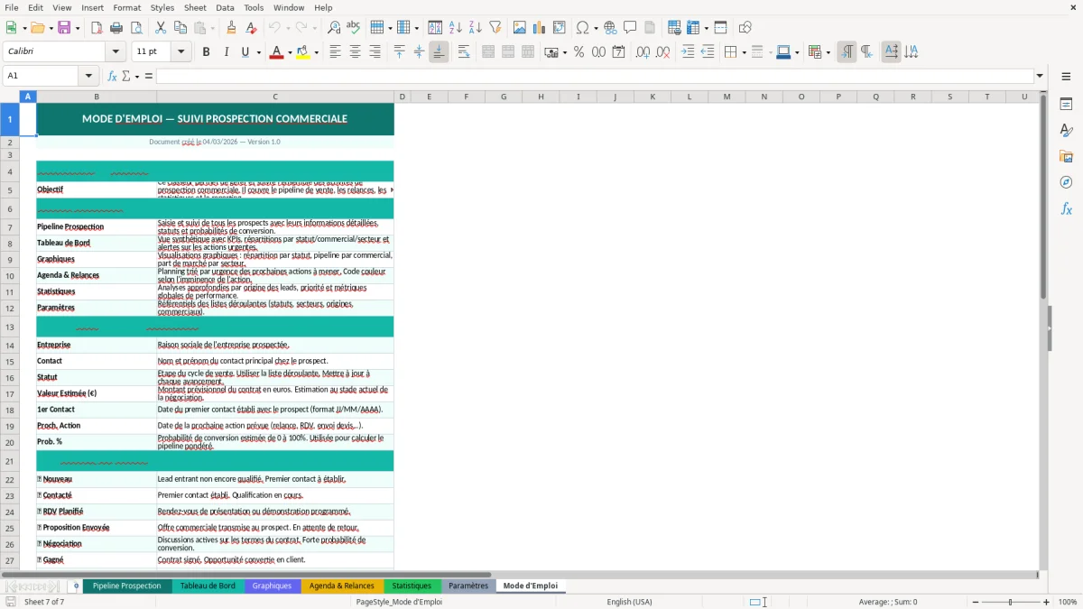 Capture d'écran 7 : Feuille Mode d'Emploi - Modèle Excel suivi prospection commerciale excel