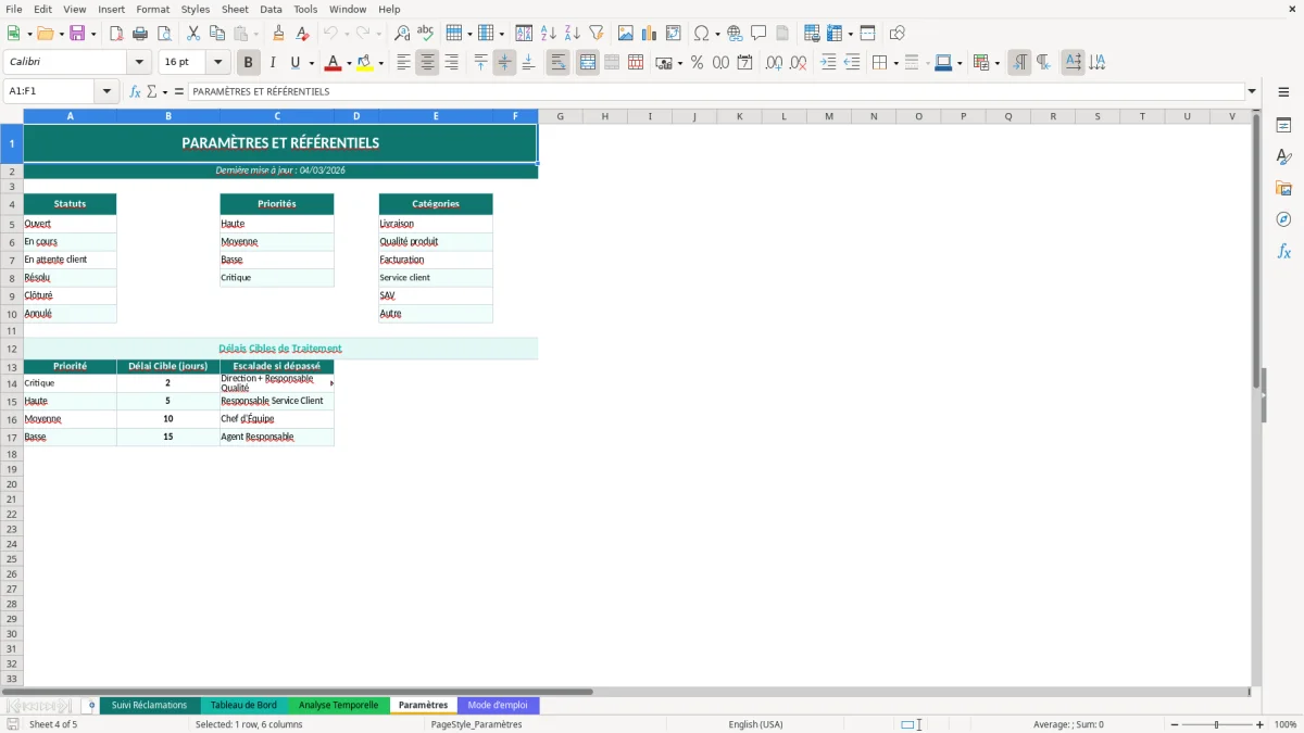 Capture d'écran 4 : Feuille Paramètres - Modèle Excel suivi réclamations clients excel
