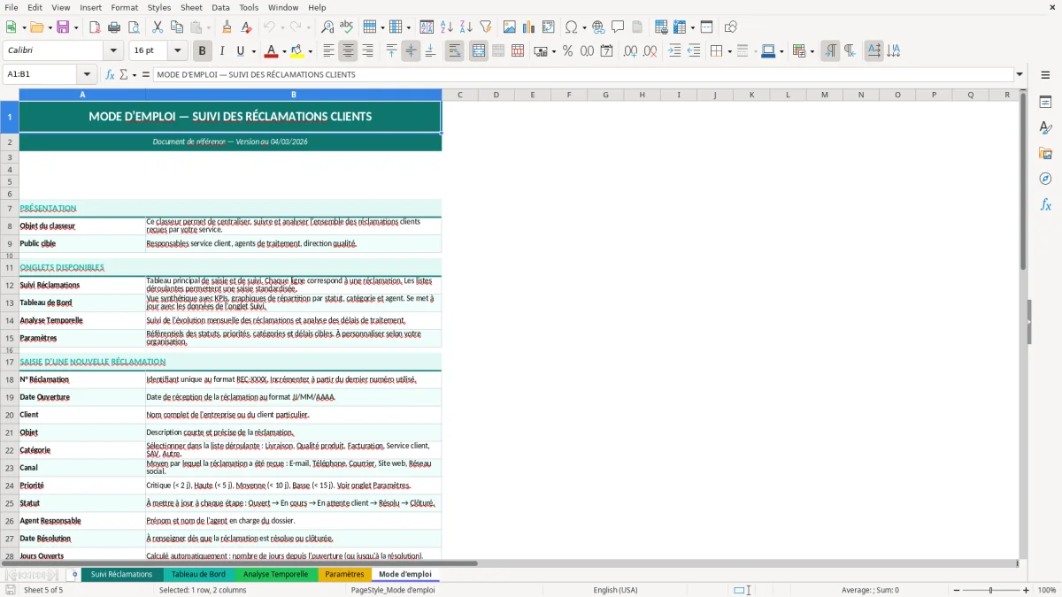 Capture d'écran 5 : Feuille Mode d'emploi - Modèle Excel suivi réclamations clients excel