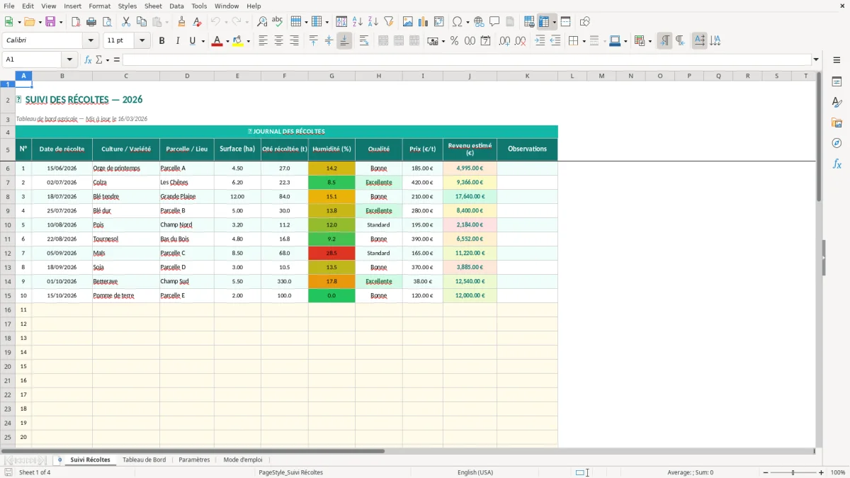 Capture d'écran 1 : Feuille Suivi Récoltes - Modèle Excel suivi récoltes excel
