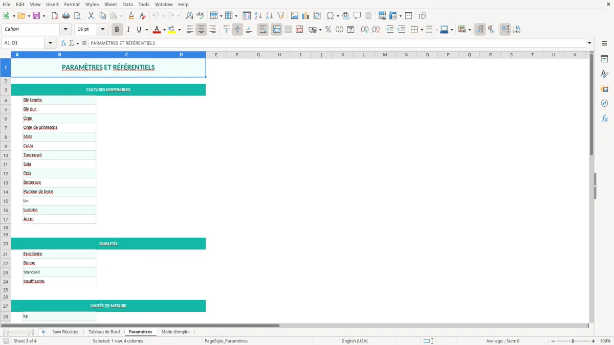 Capture d'écran 3 : Feuille Paramètres - Modèle Excel suivi récoltes excel