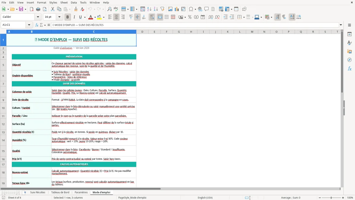 Capture d'écran 4 : Feuille Mode d'emploi - Modèle Excel suivi récoltes excel
