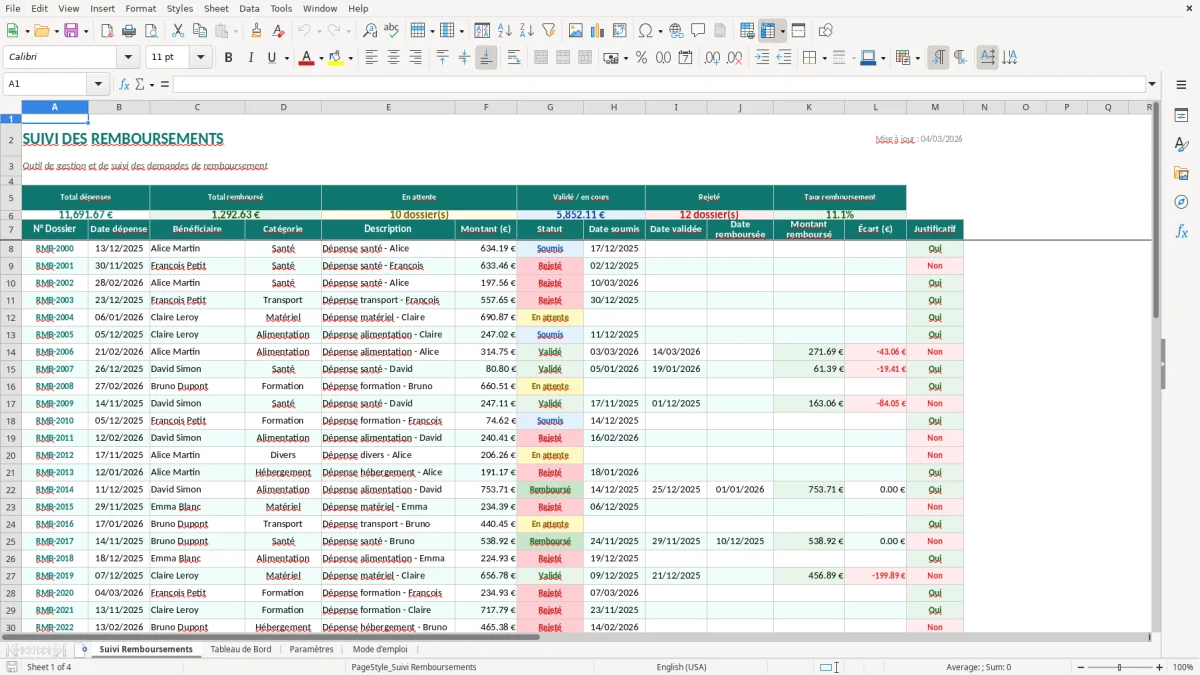 Capture d'écran 1 : Feuille Suivi Remboursements - Modèle Excel suivi remboursements excel