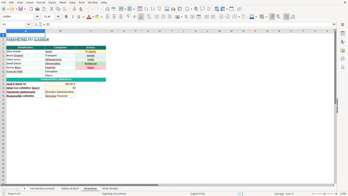 Capture d'écran 3 : Feuille Paramètres - Modèle Excel suivi remboursements excel