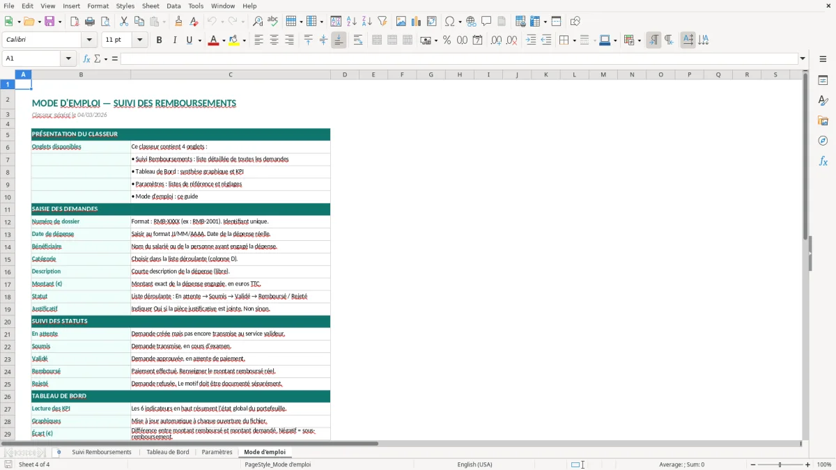 Capture d'écran 4 : Feuille Mode d'emploi - Modèle Excel suivi remboursements excel