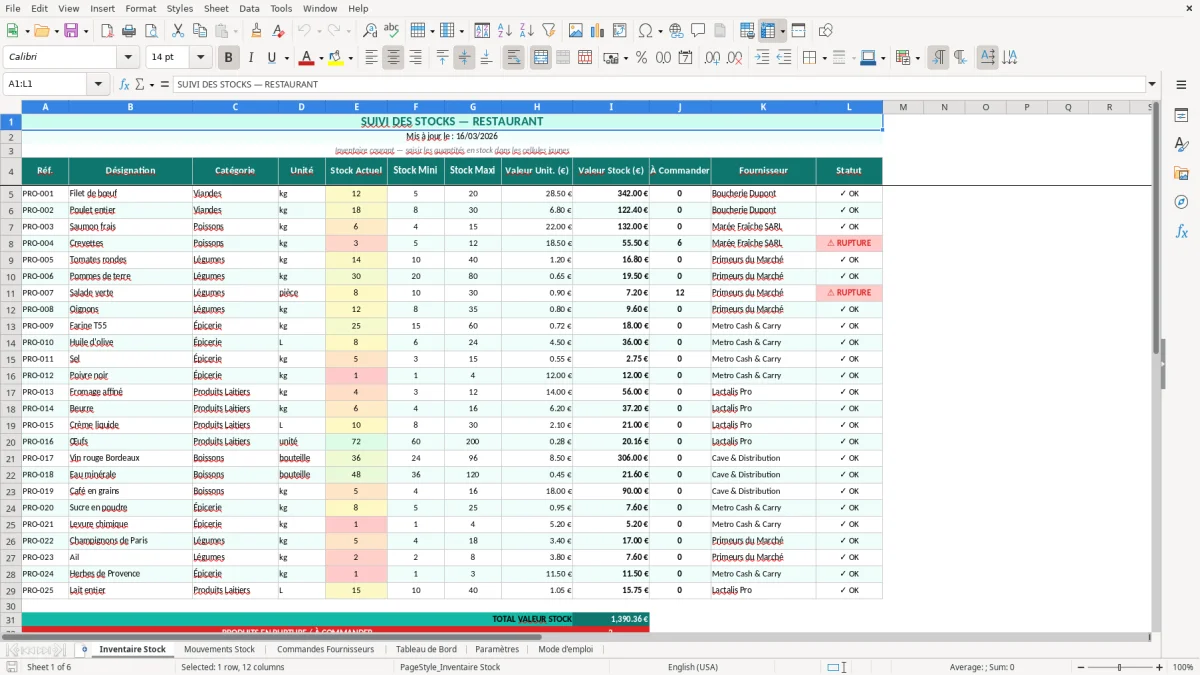 Capture d'écran 1 : Feuille Inventaire Stock - Modèle Excel suivi stocks restaurant excel