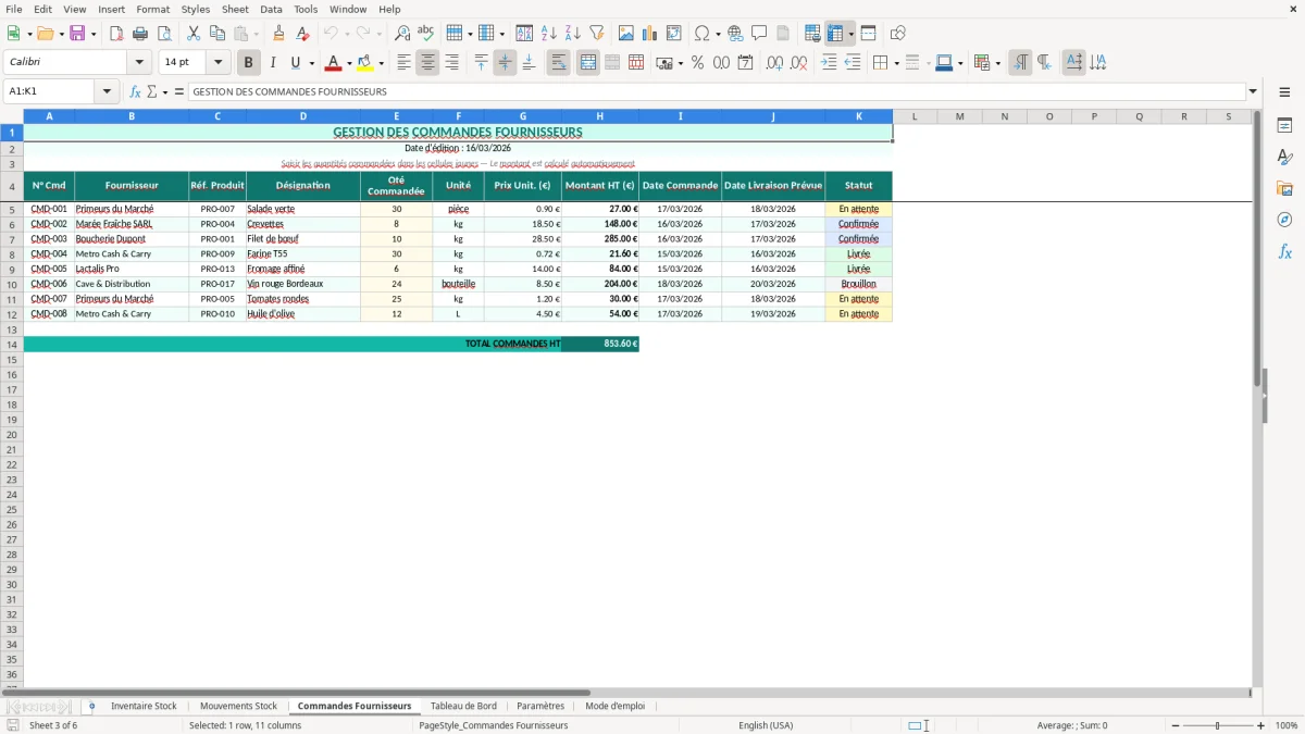 Capture d'écran 3 : Feuille Commandes Fournisseurs - Modèle Excel suivi stocks restaurant excel