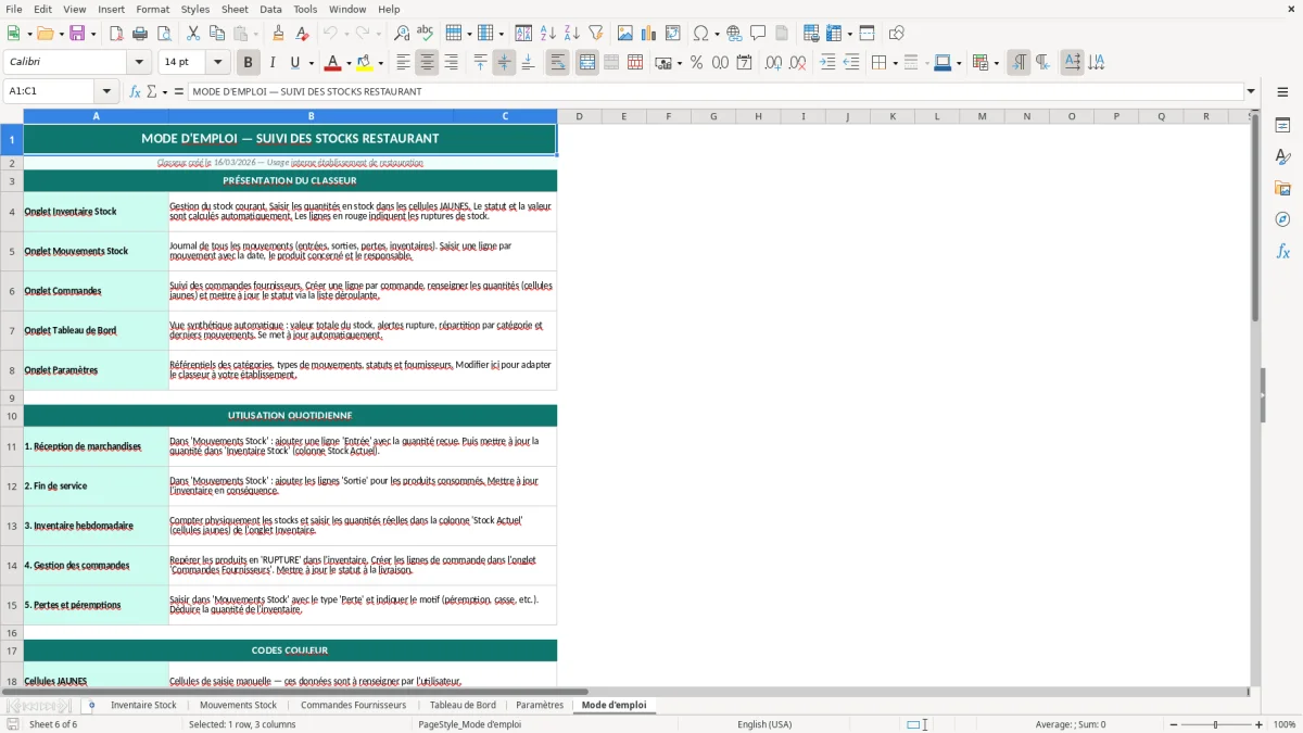Capture d'écran 6 : Feuille Mode d'emploi - Modèle Excel suivi stocks restaurant excel