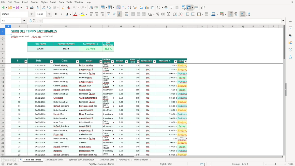 Capture d'écran 1 : Feuille Saisie des Temps - Modèle Excel suivi temps facturable excel