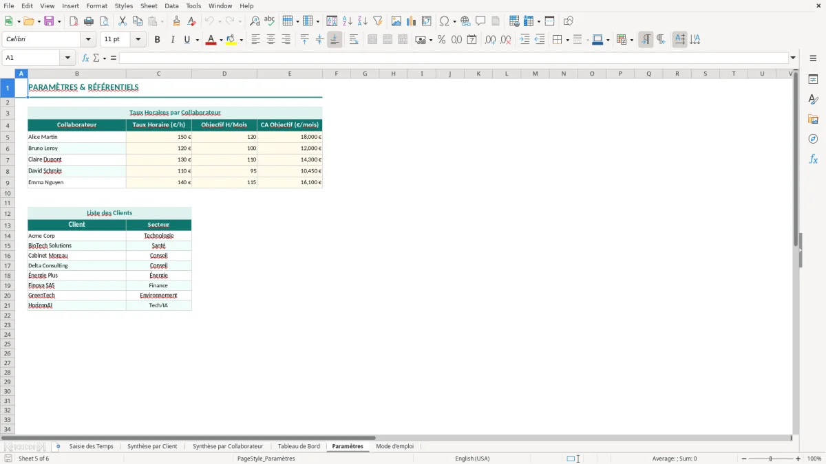 Capture d'écran 5 : Feuille Paramètres - Modèle Excel suivi temps facturable excel