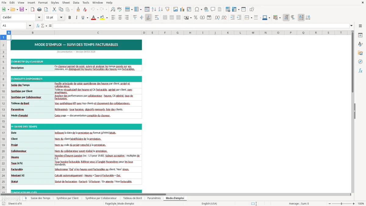 Capture d'écran 6 : Feuille Mode d'emploi - Modèle Excel suivi temps facturable excel