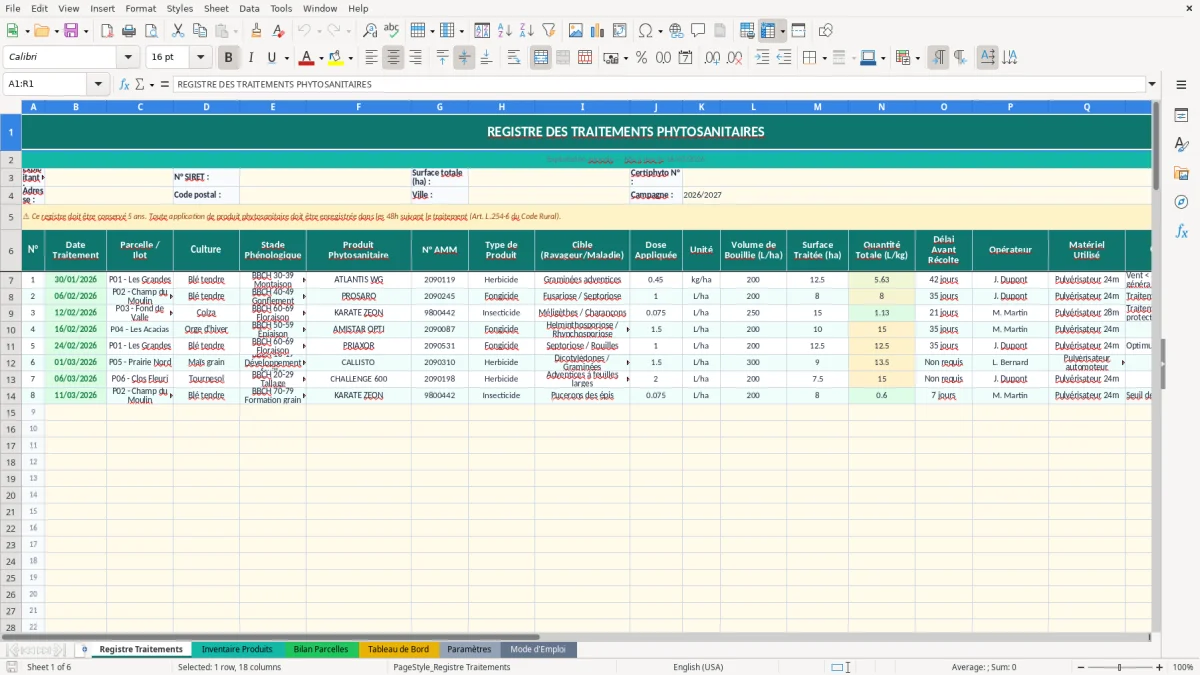 Capture d'écran 1 : Feuille Registre Traitements - Modèle Excel suivi traitements phytosanitaires excel