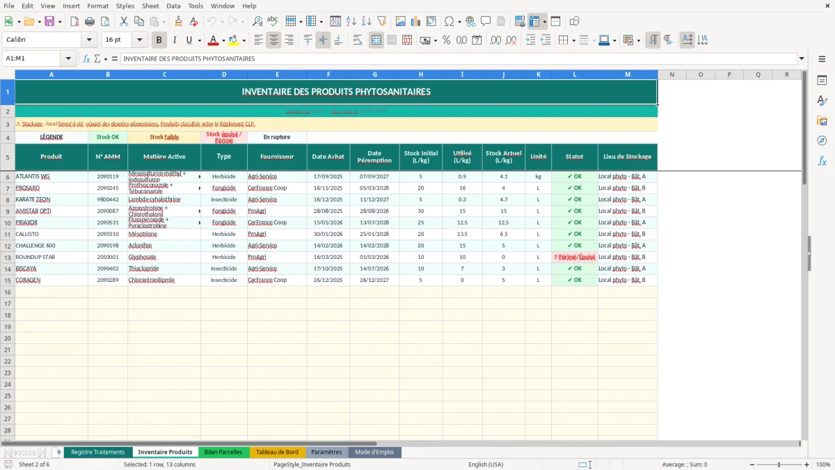 Capture d'écran 2 : Feuille Inventaire Produits - Modèle Excel suivi traitements phytosanitaires excel