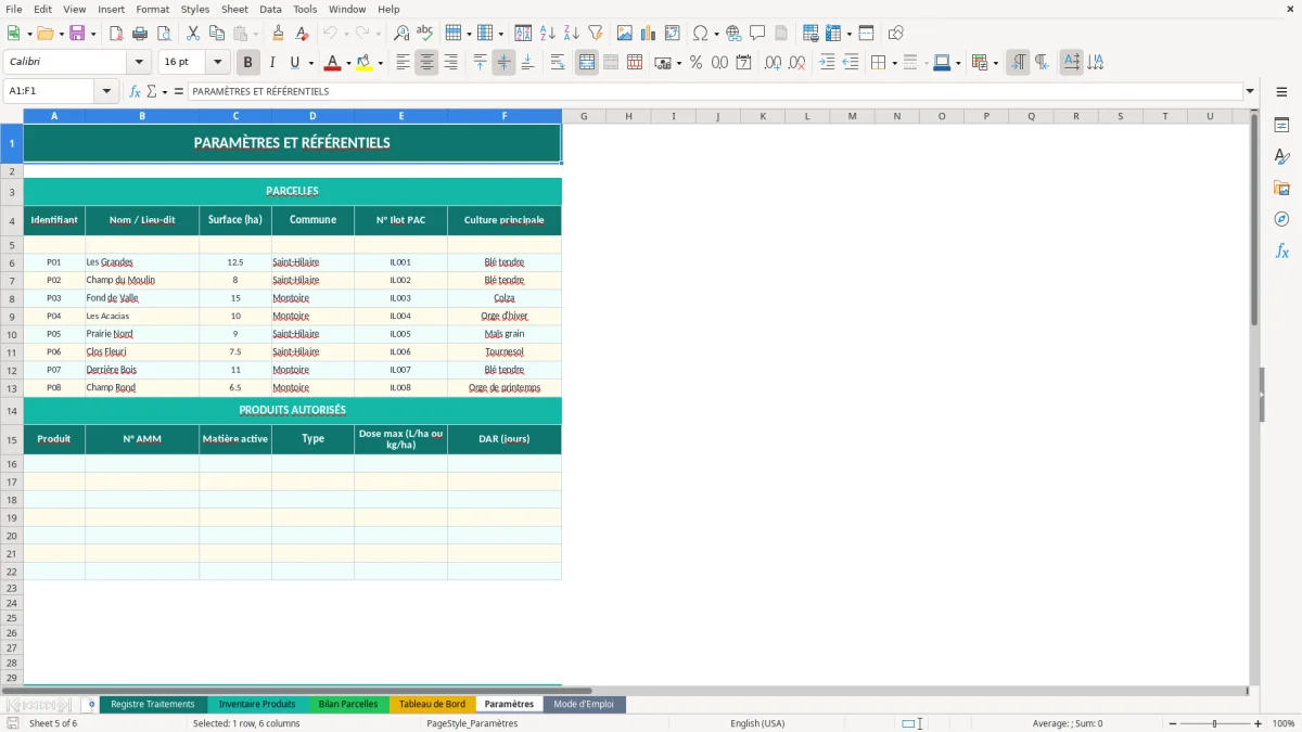 Capture d'écran 5 : Feuille Paramètres - Modèle Excel suivi traitements phytosanitaires excel