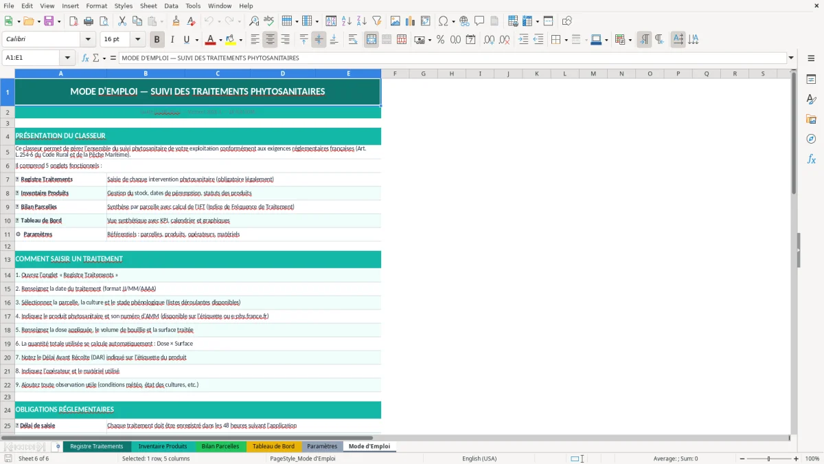 Capture d'écran 6 : Feuille Mode d'Emploi - Modèle Excel suivi traitements phytosanitaires excel