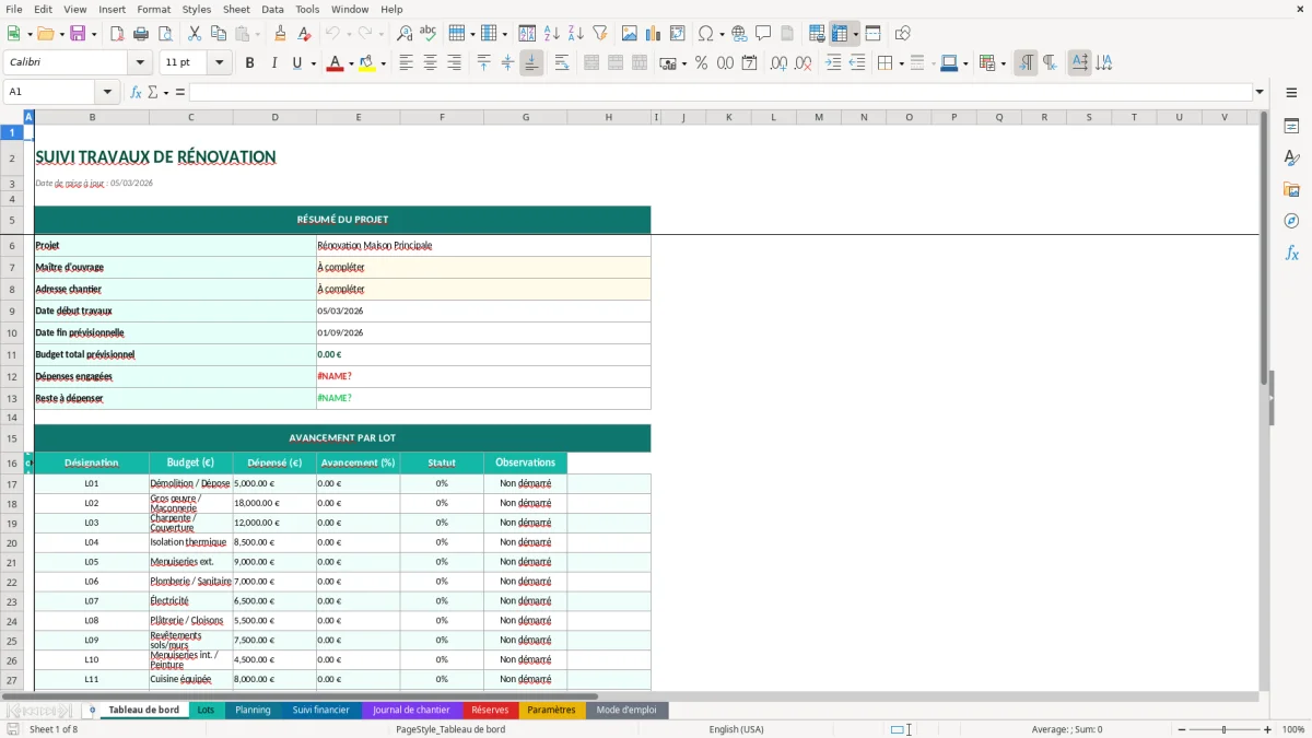Capture d'écran 1 : Feuille Tableau de bord - Modèle Excel suivi travaux rénovation excel