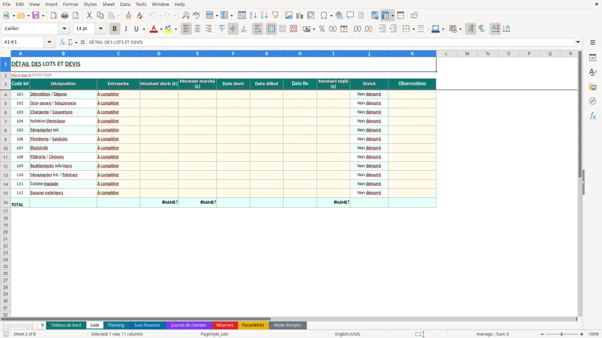 Capture d'écran 2 : Feuille Lots - Modèle Excel suivi travaux rénovation excel