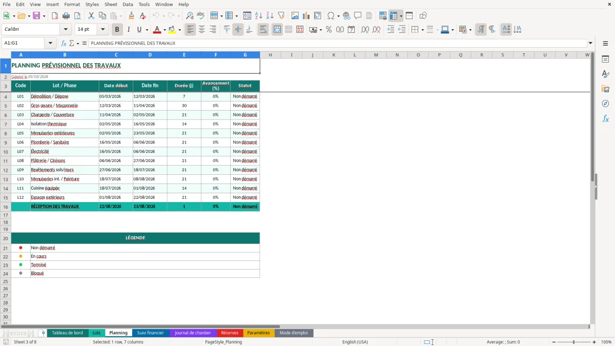 Capture d'écran 3 : Feuille Planning - Modèle Excel suivi travaux rénovation excel
