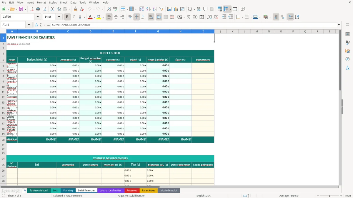 Capture d'écran 4 : Feuille Suivi financier - Modèle Excel suivi travaux rénovation excel