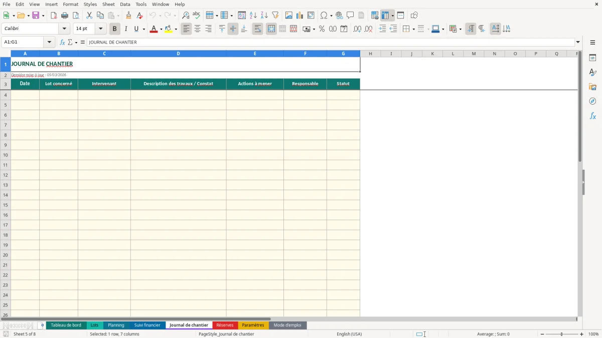 Capture d'écran 5 : Feuille Journal de chantier - Modèle Excel suivi travaux rénovation excel
