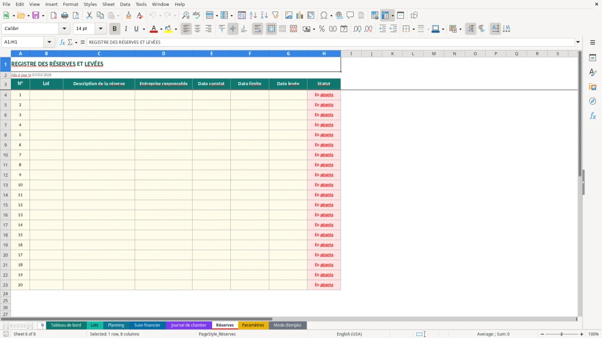 Capture d'écran 6 : Feuille Réserves - Modèle Excel suivi travaux rénovation excel