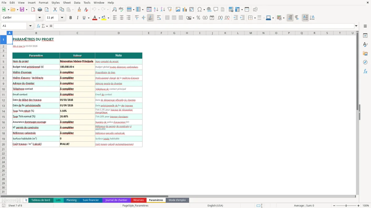 Capture d'écran 7 : Feuille Paramètres - Modèle Excel suivi travaux rénovation excel