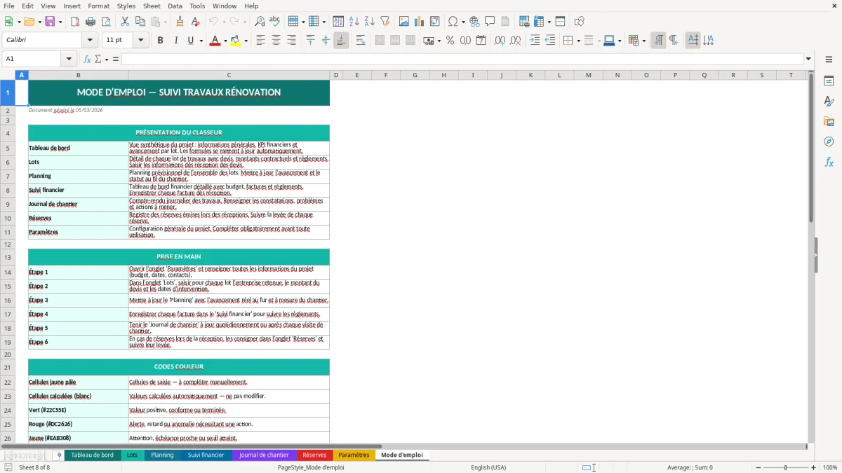 Capture d'écran 8 : Feuille Mode d'emploi - Modèle Excel suivi travaux rénovation excel