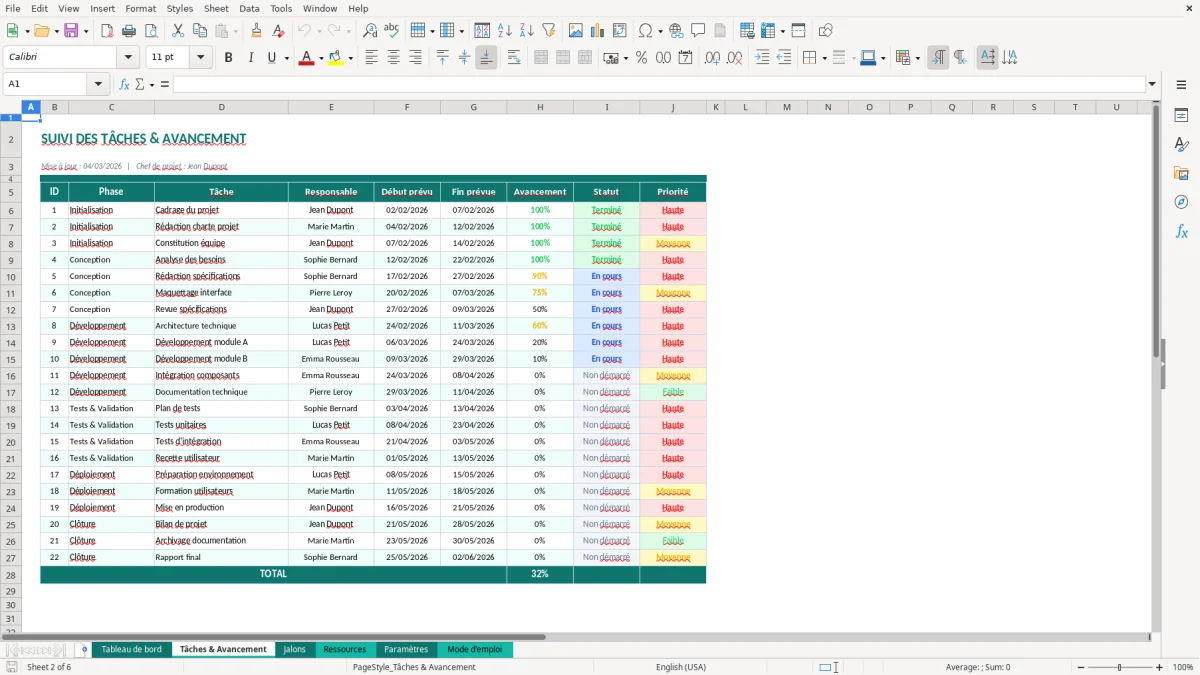 Capture d'écran 2 : Feuille Tâches & Avancement - Modèle Excel tableau avancement projet excel