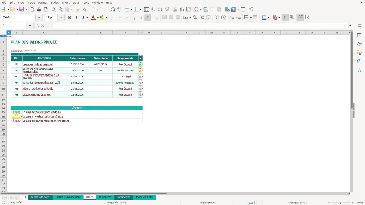 Capture d'écran 3 : Feuille Jalons - Modèle Excel tableau avancement projet excel