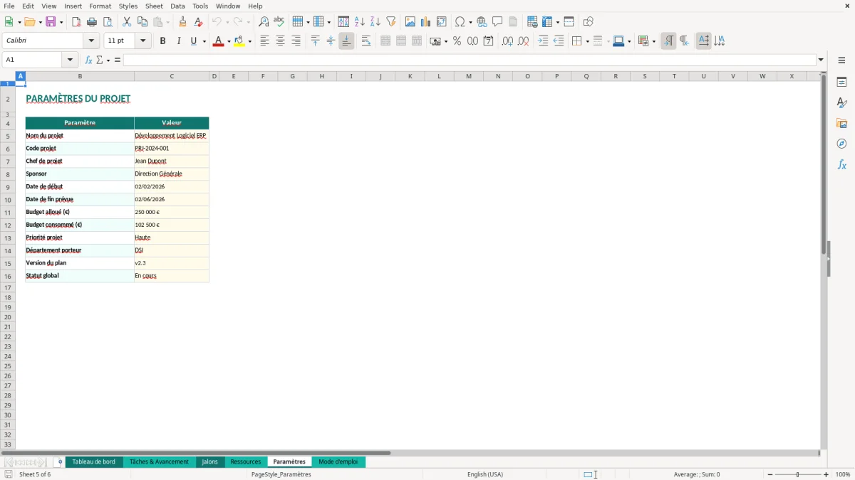 Capture d'écran 5 : Feuille Paramètres - Modèle Excel tableau avancement projet excel