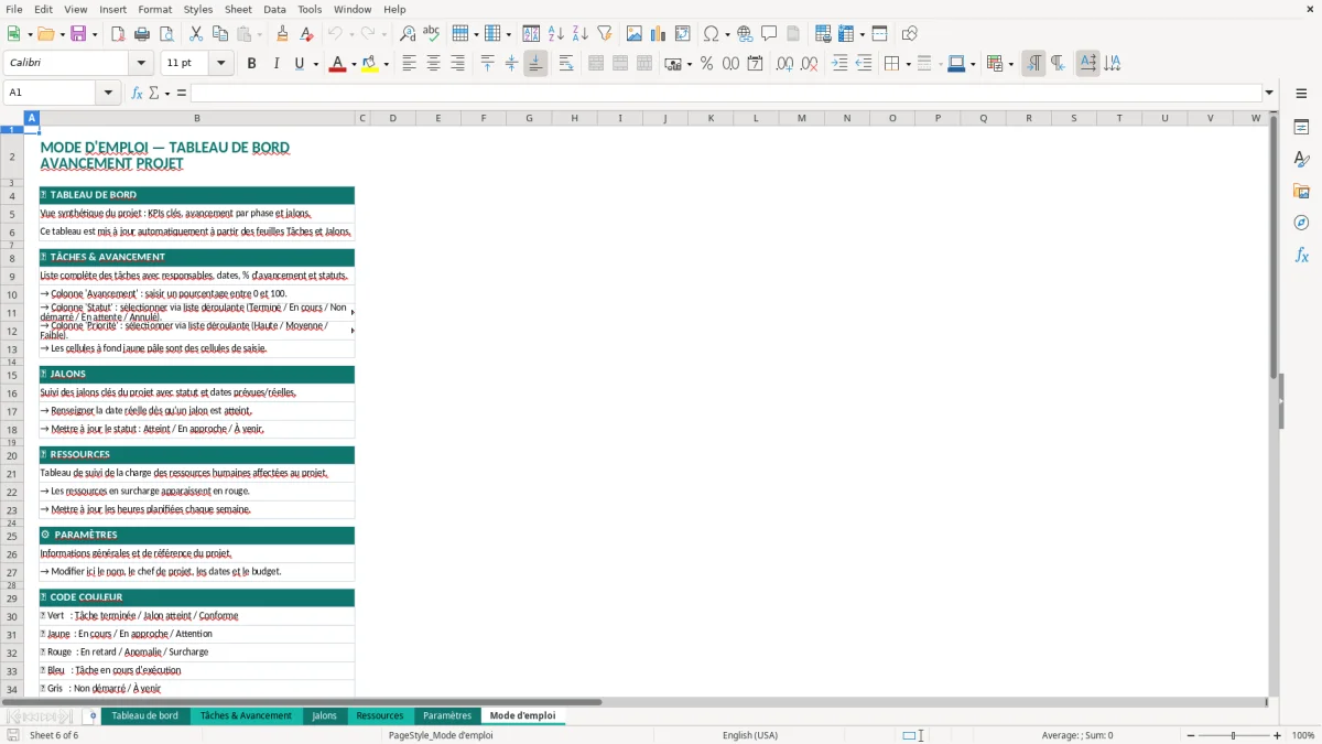 Capture d'écran 6 : Feuille Mode d'emploi - Modèle Excel tableau avancement projet excel