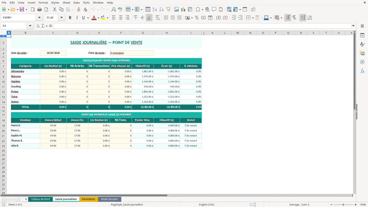 Capture d'écran 2 : Feuille Saisie Journalière - Modèle Excel tableau bord point de vente excel