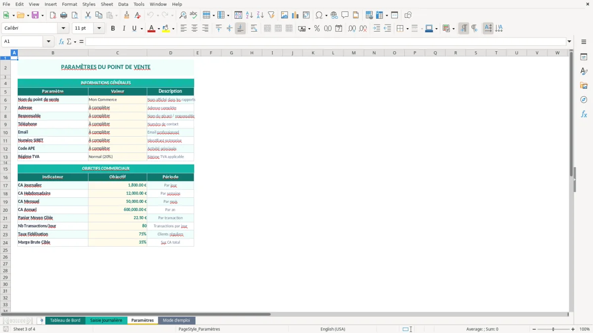 Capture d'écran 3 : Feuille Paramètres - Modèle Excel tableau bord point de vente excel