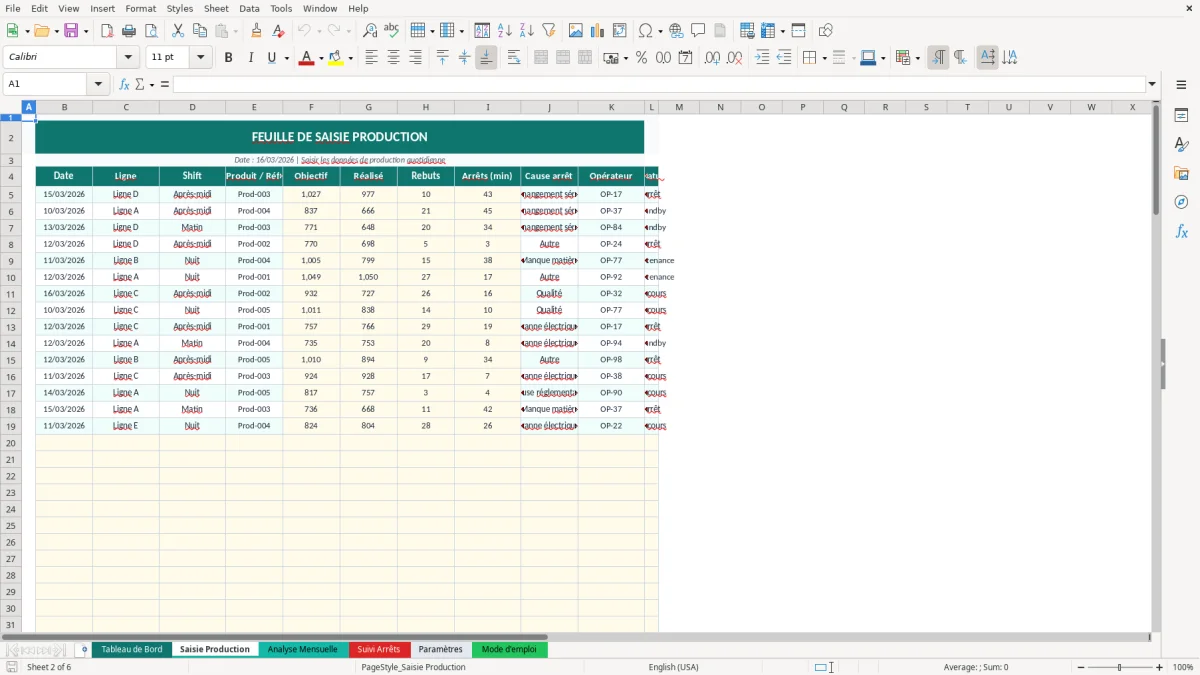 Capture d'écran 2 : Feuille Saisie Production - Modèle Excel tableau bord production excel