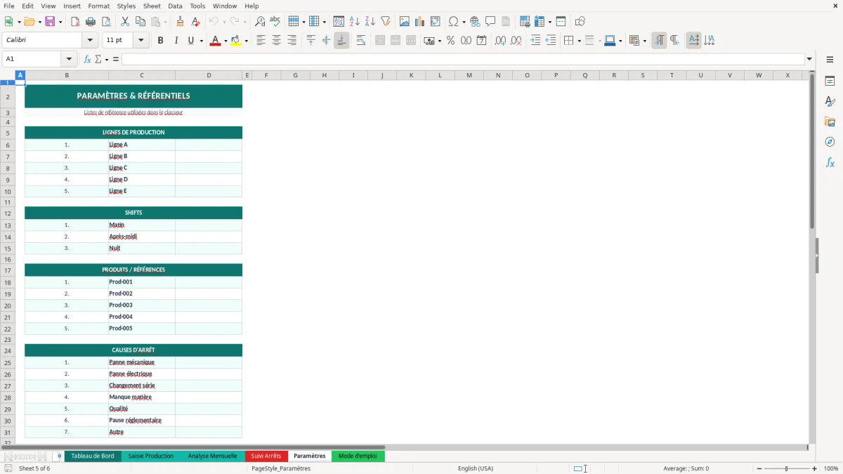 Capture d'écran 5 : Feuille Paramètres - Modèle Excel tableau bord production excel