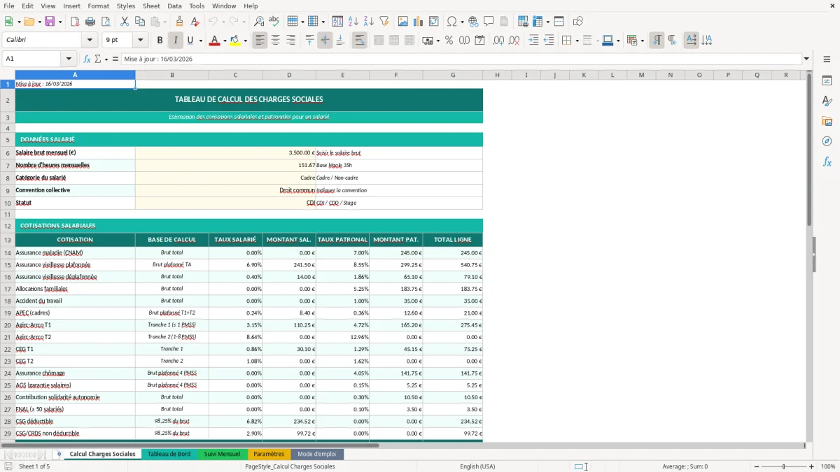 Capture d'écran 1 : Feuille Calcul Charges Sociales - Modèle Excel tableau charges sociales excel