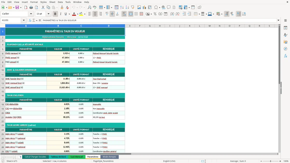Capture d'écran 4 : Feuille Paramètres - Modèle Excel tableau charges sociales excel